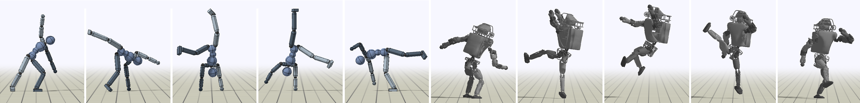 DeepMimic filmstrip: humanoid cartwheel and Atlas spin-kick