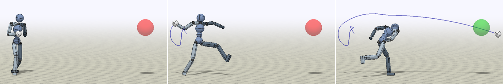 With imitation and task rewards: character performs a pitch and the ball hits the target