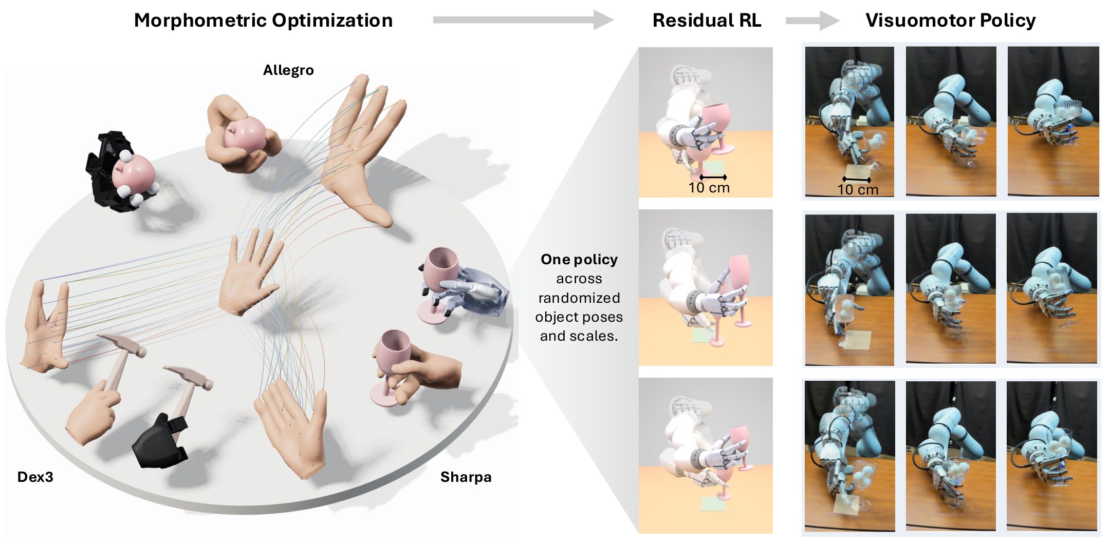 Morphometric Imitation, Fig. 1: human hand-object trajectories retargeted to Allegro, Dex3 and Sharpa hands, refined by residual RL, distilled into a real-world visuomotor policy